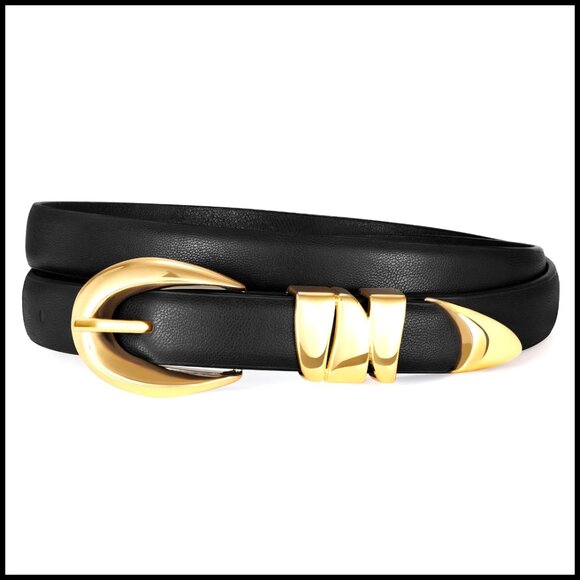 Skinny Leather Belt Gold Buckle Minimal Chic Classic Trendy Waist Accessory